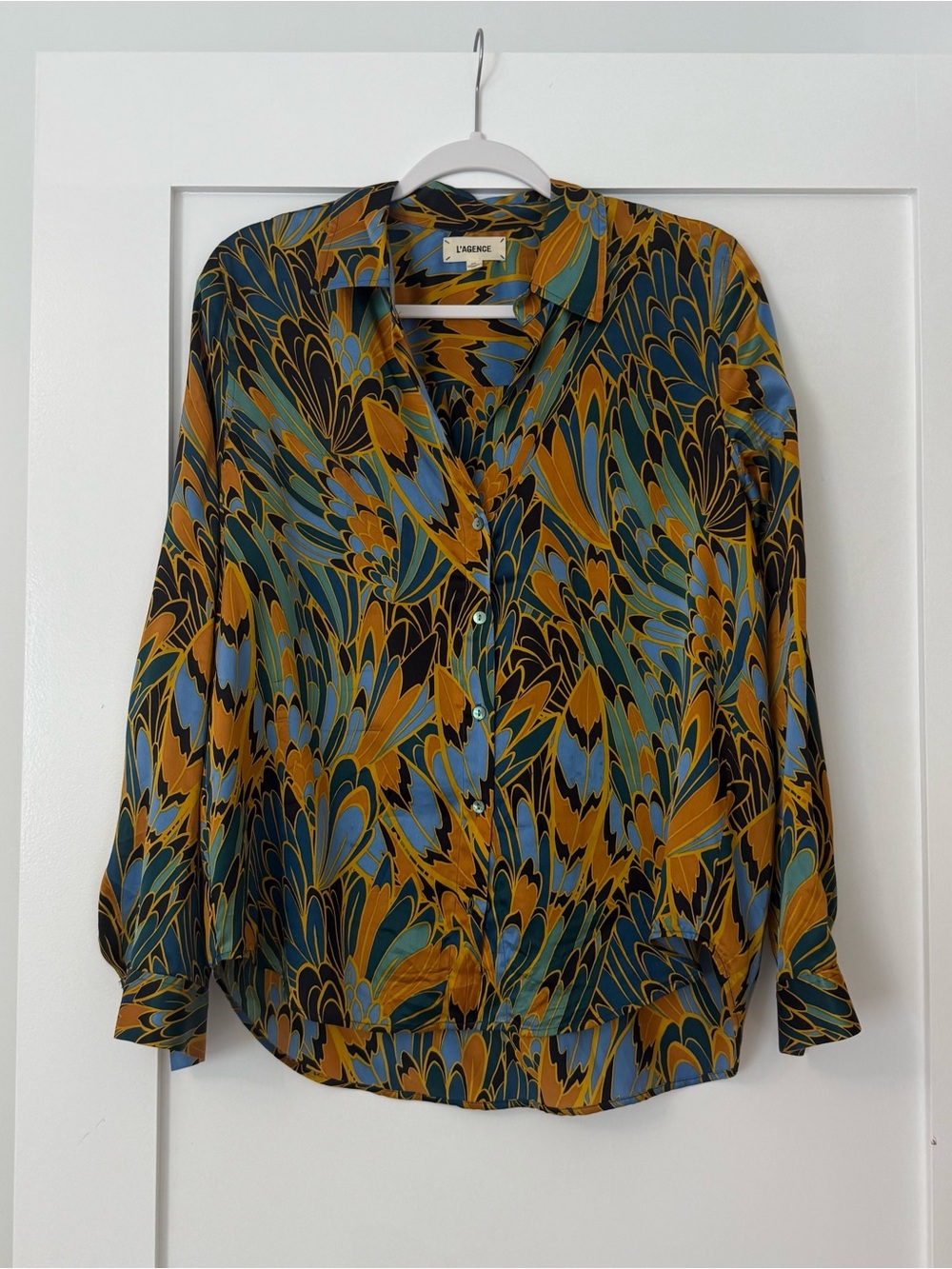 L'AGENCE Multicolor Printed Silk Button-Down Shirt — Mustard, Teal & Blue